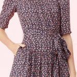 Rebecca Taylor  Francesca Navy Floral Print Silk Blend Square Neck Dress Size 8 Photo 0