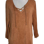 BKE  Lace Up Top‎ Size L Distressed Crisscross Neckline Minimalist BOHO Tee Photo 0