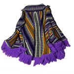 VINTAGE Poncho Full Zip Arm Holes Collar Purple Print Fringe Pom Poms One Size Size undefined Photo 7