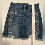American Eagle  Super Hi-Rise Mini Jean Skirt Stretch Embroidered Distressed SZ 0 Photo 11