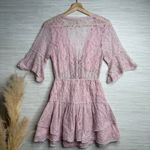 Free People  mini dress floral lace cutout ruffled tiered sheer mesh boho Large Photo 3