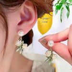 1 Pair Delicate Decor Dangle Zinc Alloy Earrings With Faux Pearl And Flower Desi Gold Photo 0