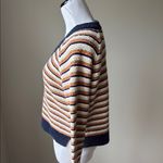 Madewell  Arden Cropped Cream and Blue V-Neck Sweater with Navy Trim Photo 3