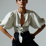 Lanhtropy Natural Bubble Linen Crop Top Beige‎ Tie Waist White Size L Photo 0