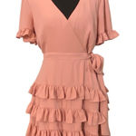 Lulus  Blush‎ Pink Faux Wrap Ruffle Dress M Fall Tiered Flutter Sleeve Mini Photo 0