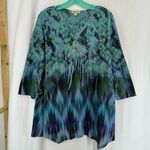 One World  Tie Dye Style V Neck 3/4 Sleeve Blouse Womens Large Blue Photo 0