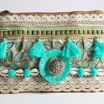 Embellished Clutch Purse Beaded Tassels Shells Hippie Festival Bag Blue Photo 0