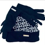 Bebe Women Beanie Cap Hat Gloves Knit Set Black White Logo Fleece Lining Thermal Photo 0