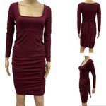 SheIn  Burgundy Ribbed Side Ruched Long Sleeve Tie Back Midi Dress Womens Small Photo 1