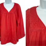 Anthropologie Lucky Brand Floral Embroiderred Flare Sleeve Babydoll Blouse Top Coral Large Photo 1