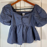 Japna  Smocked Puff Sleeve Square Neck Peplum Top Blue Cotton Small Cotagecore Photo 0