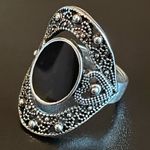 Black obsidian S925 antique silver statement ring Photo 2