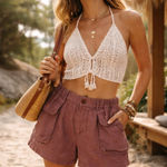Free People  Mauve Linen Blend Cargo Mini Shorts | Utility Boho | Size M Photo 0