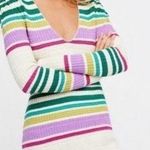 Free People Gidget Ivory Striped Long Sleeve V-Neck Knit Sweater Dress Size M Photo 0