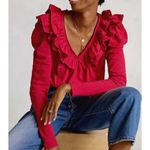 Anthropologie  Ruffle Lace Collar V-Neck Pink Long Sleeve Top NWTs size XS Photo 0