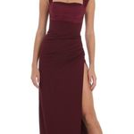 Lucy in the Sky  Mesh Draped Corset Maxi Dress in Burgundy Photo 0