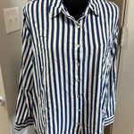 Jane and Delancey Long Sleeve Button Down Blue White Stripe Button Back Detail 2X Photo 0