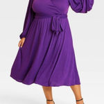 Ava & Viv  Long Balloon Sleeve Purple Midi Faux Wrap Dress Tie Front 3X 24/26 Photo 0