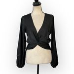 MINKPINK Harper Twist Blouse Women's Small Black Satin Long Sleeve V-Neck NWT Photo 2