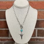 Floral Steer Skull and Faux Turquoise Choker Necklace Set Silver Photo 1