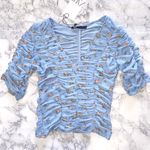 ZARA New  Floral Print Tulle Top Ruched V Neck Elbow Sleeve Shirt Blue Photo 5
