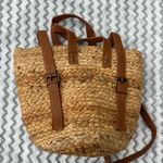 XIX PALMS Straw Backpack Cooler Tan Leather Straps Nautical Print Lining Photo 4