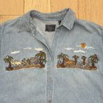 Vintage Denim Shirt Short Sleeve Women's L Embroidered Animal Scene Noah's Ark Blue Size L Photo 1