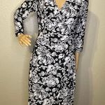 Ralph Lauren Lauren  Floral 3/4 Sleeve Ruched Midi Dress Black White Size 10 Photo 0