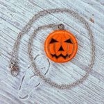 Hand made pumpkin pendent on a chain Jewlery necklace accessory Jack o lantern Silver Photo 0