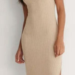NA-KD  Beige Ribbed Mock Neck Midi Dress  Photo 0