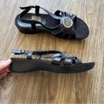 Strictly Comfort Black Leather Strappy Sandals Women 7.5 Low Wedge Shoes Comfort Photo 1