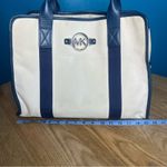 Michael Kors  Canvas Leather Trimmed Large Tote Travel Bag Ivory Navy Blue Photo 13