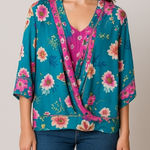 Tolani Collection Christelle Wrap Top Turquoise and Pink Floral 3/4 Sleeve Small Photo 0