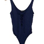 4SI3NNA Solid Navy Blue Sleeveless Lace Up Tie Bodysuit Scoop Neck Rayon Blend Photo 1