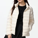 Uniqlo Ultra Light Down Jacket Womens XL Cream Packable W/Bag 4 Pockets Travel Photo 0