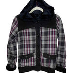 Fox Racing Girls Coat Small Plaid Button Front Faux Fur Lined Hood Pockets Gray Photo 0