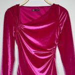 ZARA  Hot Pink Velvet Bodysuit Size Small Asymmetrical Neckline Long Sleeves Bold Photo 2