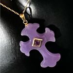 14K Gold Lavender Jade & Amethyst Cross Pendant Necklace Photo 2