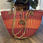 Sisal Tote Bag Vintage Sisal Purse Leather Straps Bright Bag Wood Button Closure Photo 2
