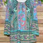 Figueroa & Flower Womens 2X Green Floral Lace Up Lace Back Blouse Tunic Top Photo 0