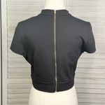 EXPRESS Cropped Mock Neck Tee with Mesh Front Panel Black-Medium Photo 1