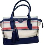 Coach Stripe Canvas & Navy Leather Satchel Tote – Tassel Bag Zip Pocket – Large Photo 0