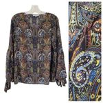 Rose + Olive Paisley Flowy Boho Top Womens Size Medium Balloon Tie Sleeve Retro Photo 1
