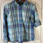 LL Bean Plaid Button Down Shirt Womens M Blue Green Roll Tab Sleeve Casual Top Size M Photo 0