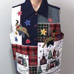 Reversal USA Quilted Christmas Vest Reindeer Plaid Snow Holiday Village Kitsch Size M Photo 0