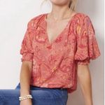 Evereve Puff Isla Orange Floral Blouse Boho Work Office Preppy Womens Medium Photo 0