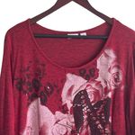 Cato Women Top XL Red Long Sleeve Gem Detail Multi Media Art To Wear Romantic Photo 3