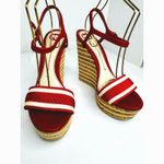 Gucci  Red White Canvas Leather Cork Wedge Summer Ankle Strap Platform Sandals 40 Photo 2