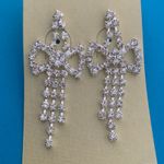 Diamond CZ Bow Bling Drop Dangle Silver Earrings Photo 2