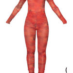 Pretty Little Thing  Orange Croc Mesh Bardot Ruched Jumpsuit Size 8 EUC Photo 0